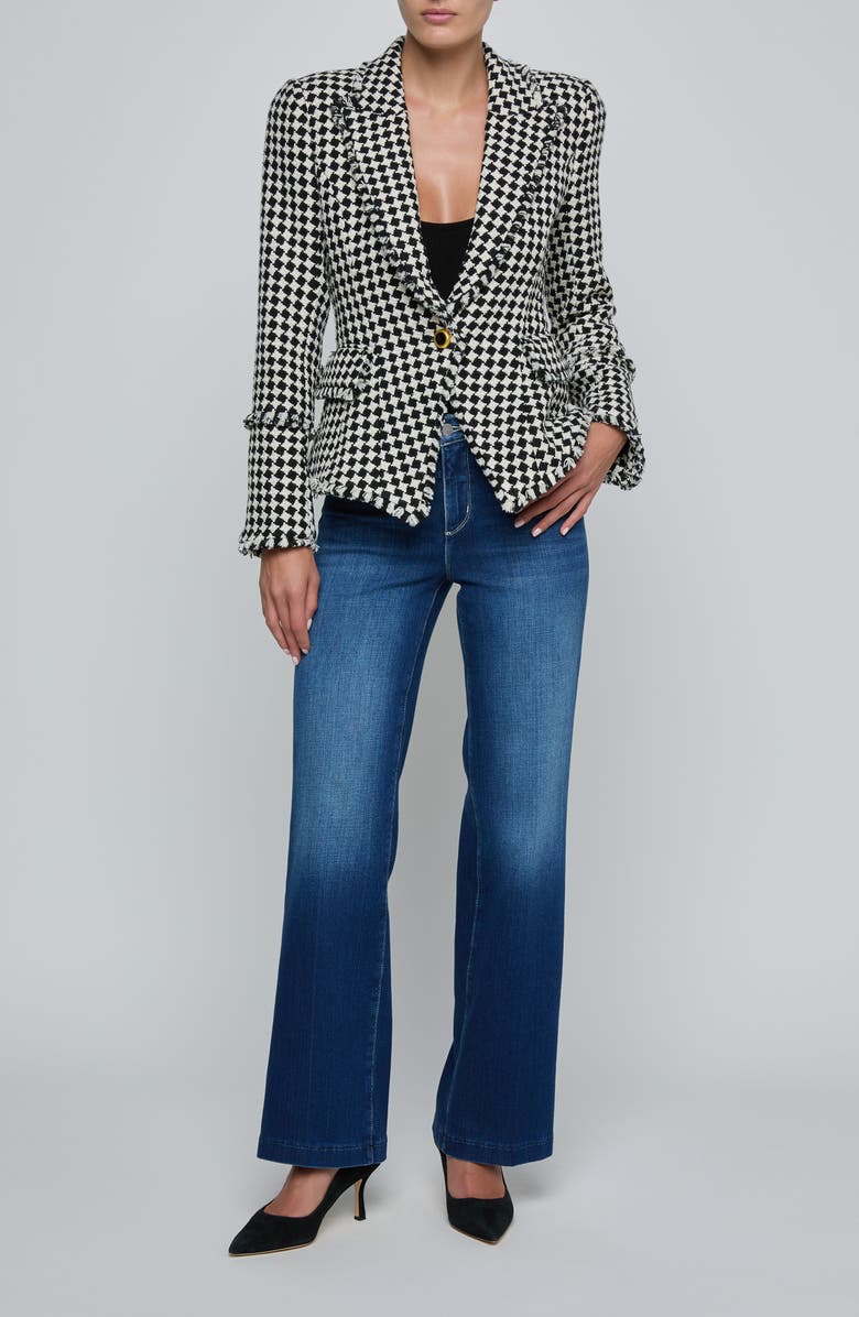 L'AGENCE Kaisley Fray Hem One-Button Blazer, Alternate, color, Black/ Ivory Diamond Tweed