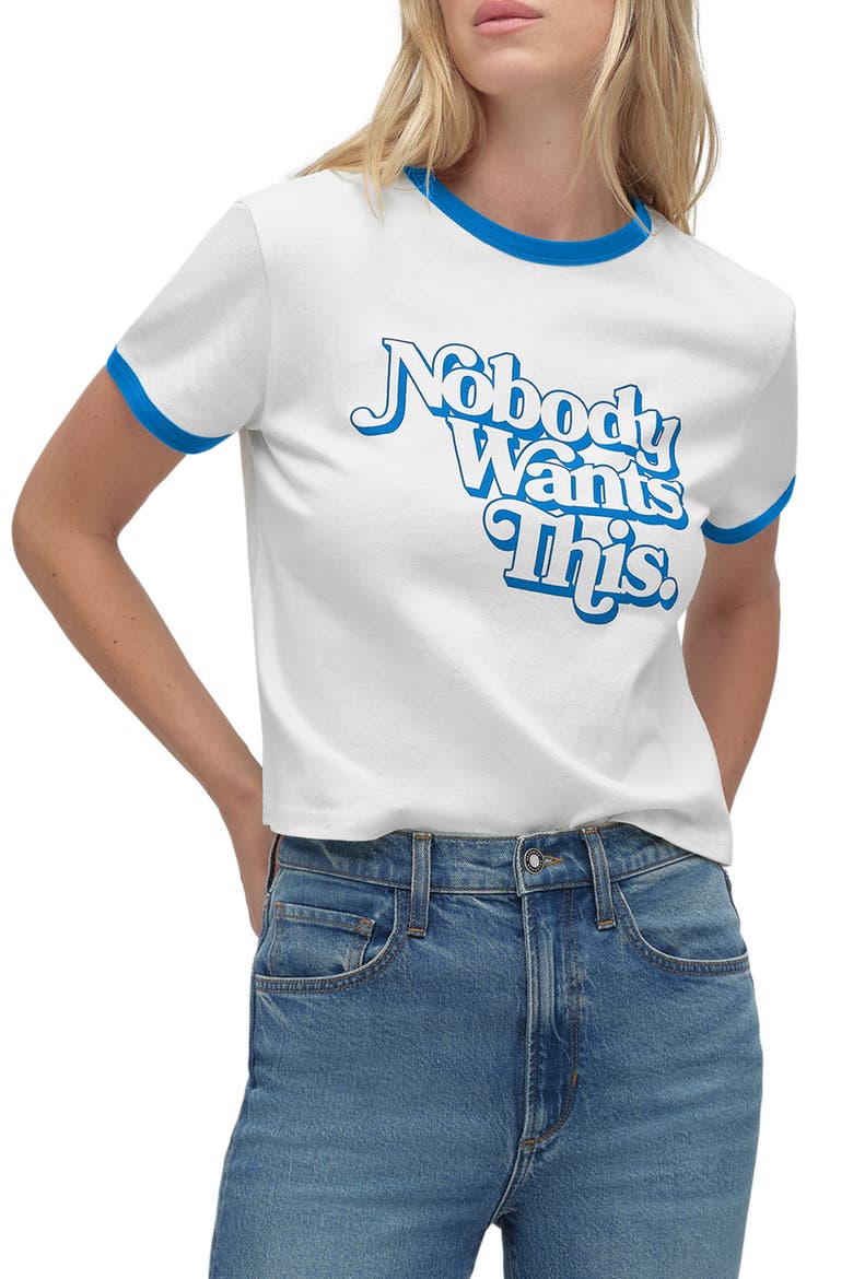 x 'Nobody Wants This' Contrast Binding Organic Cotton Graphic T-Shirt, Main, color, WHITE/ BRIGHT BLUE
