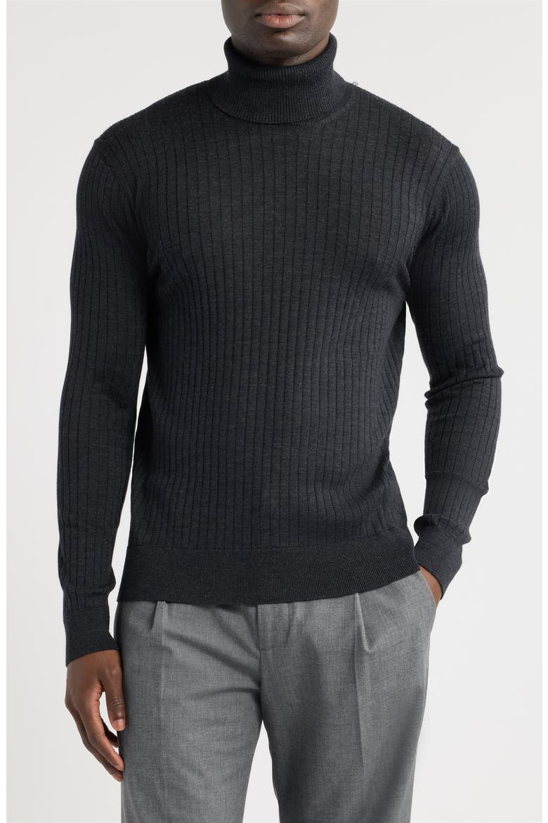 Pinstripe Stitch Wool & Silk Turtleneck Sweater, Main, color, CHARCOAL