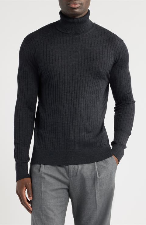 Pinstripe Stitch Wool & Silk Turtleneck Sweater
