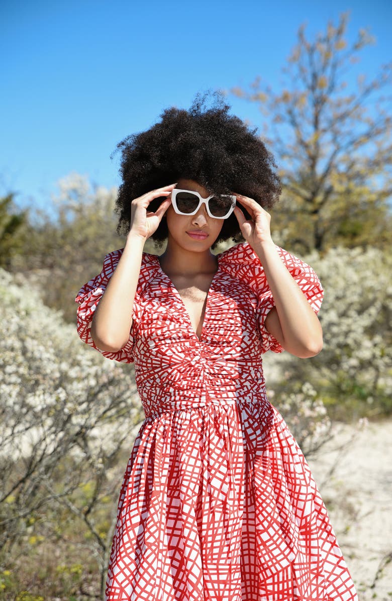 Jessie Zhao New York Red Gingham Taffeta Midi Dress, Alternate, color, Red