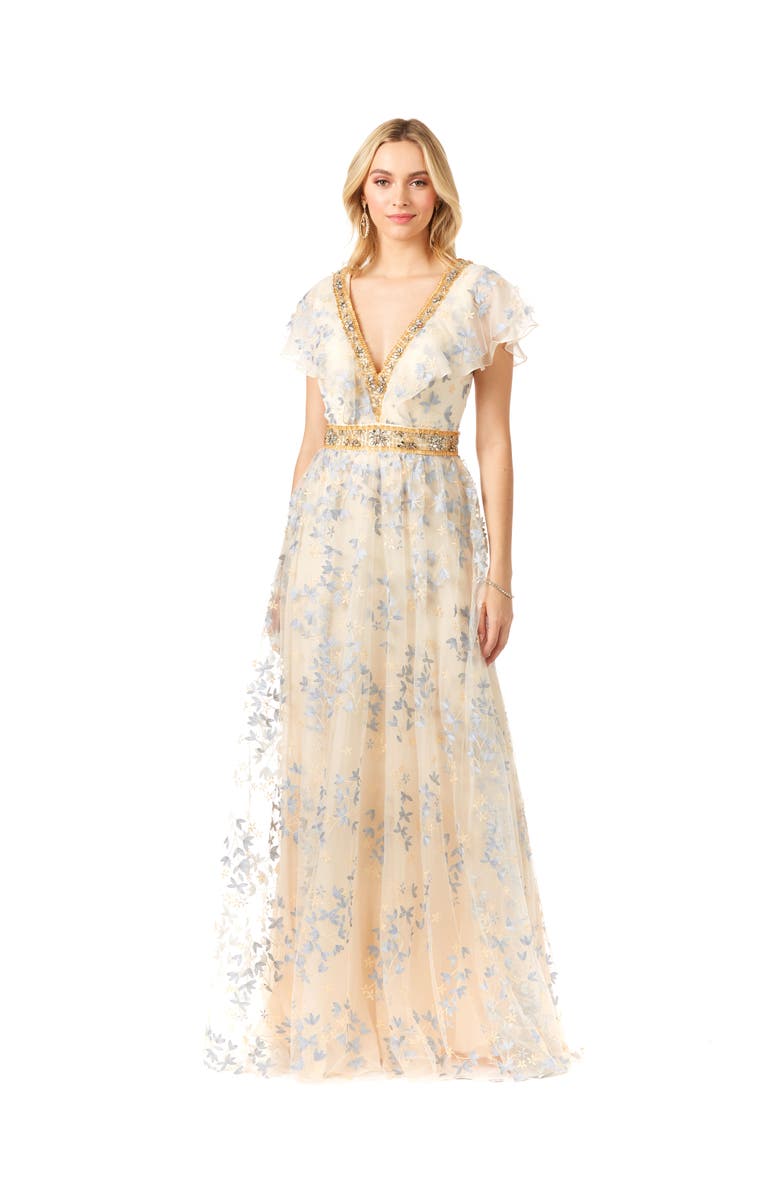 LARA New York Lace, V-Neck Dress, Main, color, Champagne