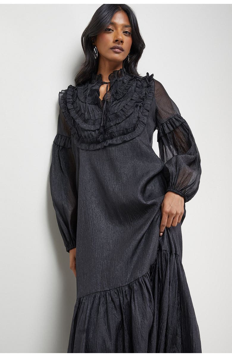 Warehouse Crinkle Stripe Frill Midi Dress, Alternate, color, Black