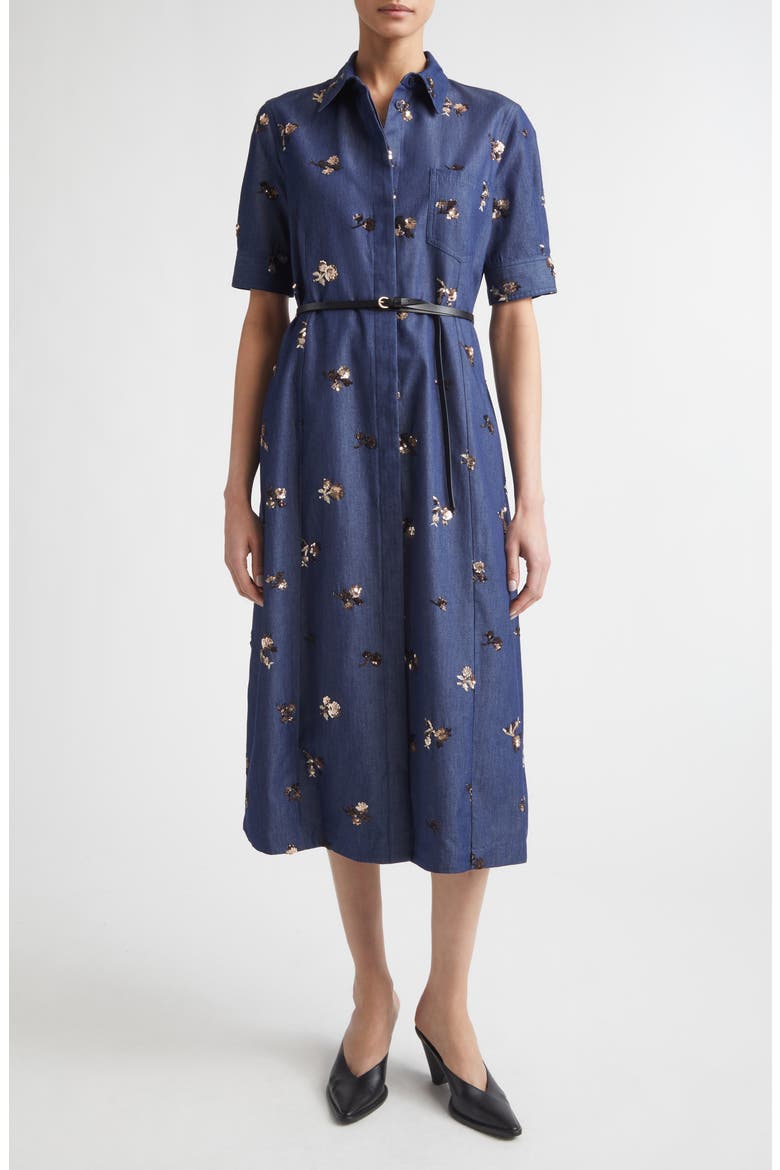 Kieran Embellished Belted Denim Shirtdress, Main, color, 000479 MIDNIGHT
