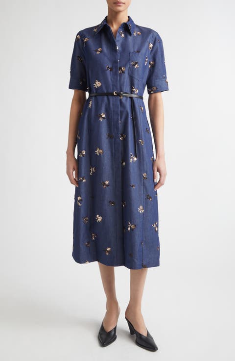 Kieran Embellished Belted Denim Shirtdress