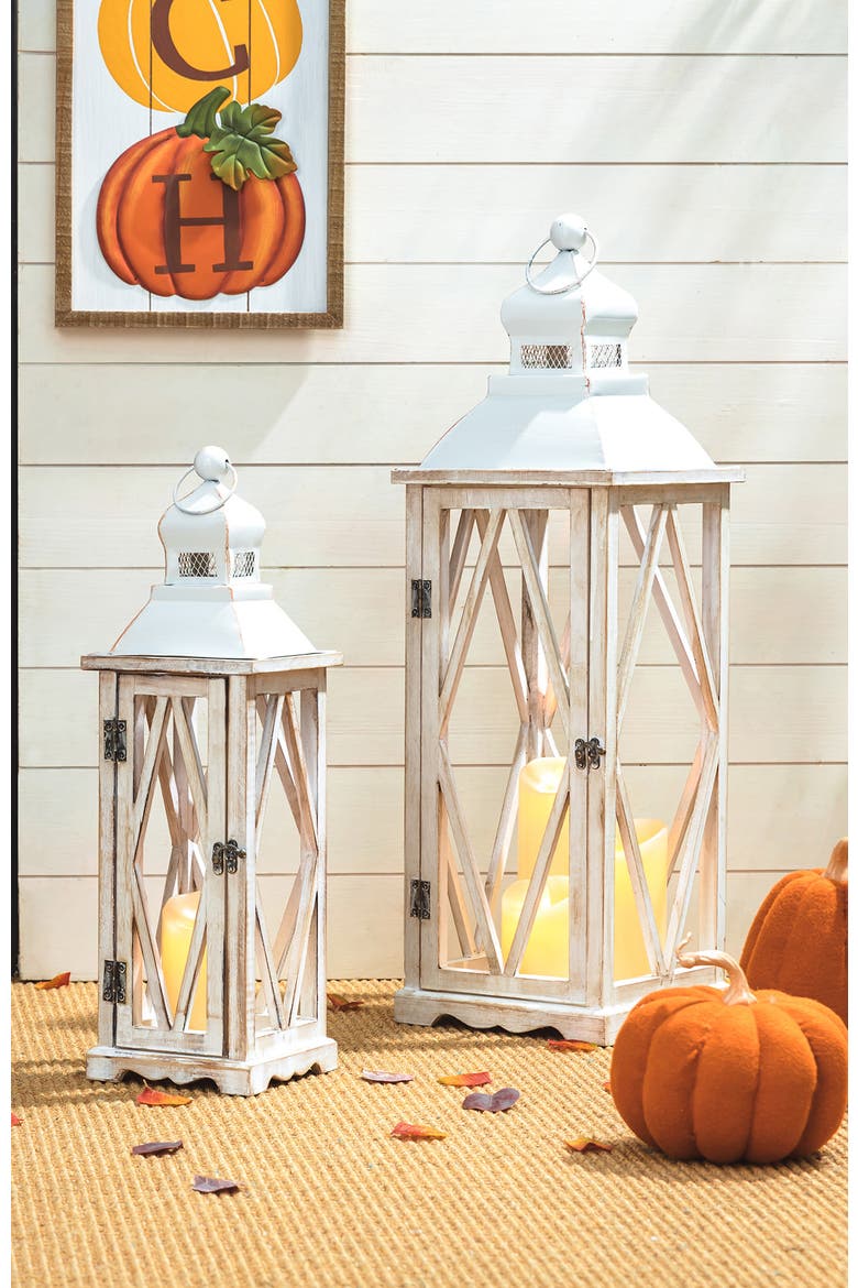 Set of 2 Oversize Farmhouse Hanging Candle Holders Decorative Floor Lanterns, Alternate, color, White