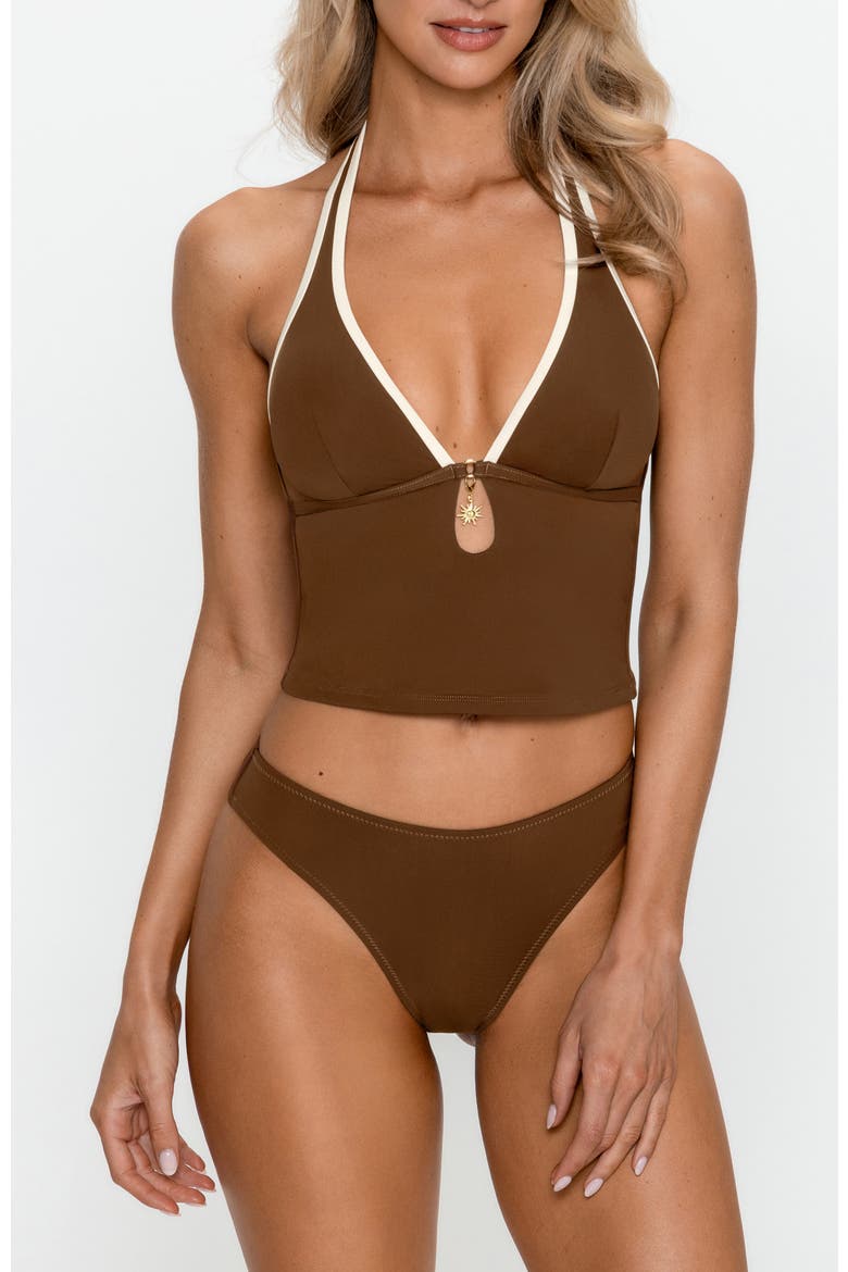 Halter High Leg Tankini Set, Main, color, Brown