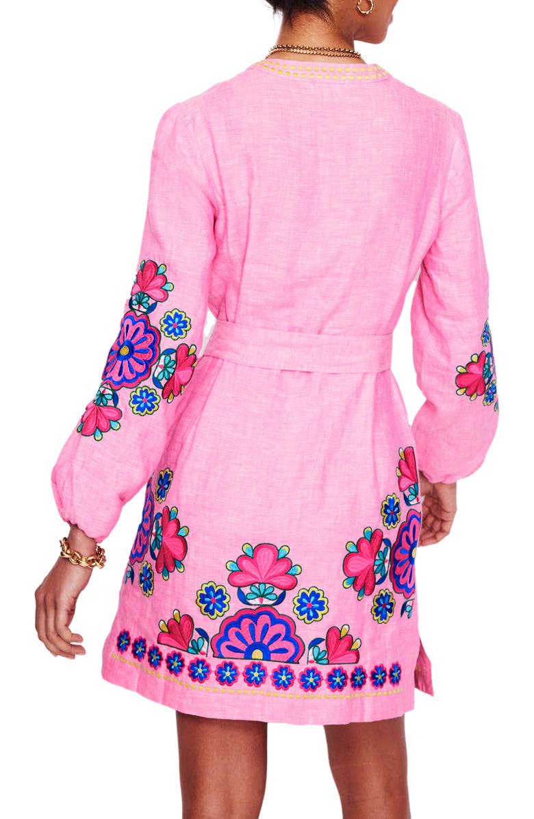 Boden Cleo Floral Embroidered Tie Waist Long Sleeve Linen Dress, Alternate, color, Pink