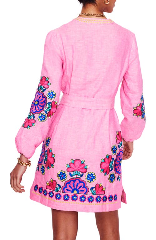 Boden Cleo Floral Embroidered Tie Waist Long Sleeve Linen Maxi Dress In Pink