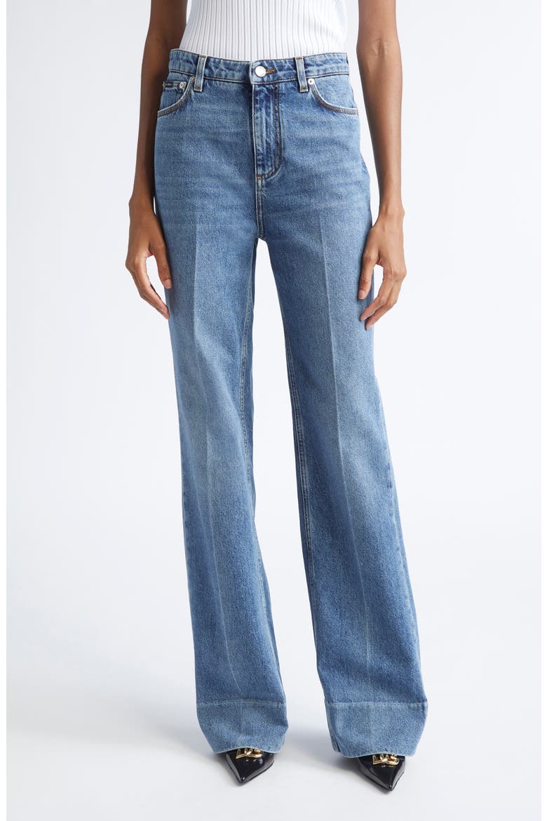 Pleated High Waist Wide Leg Denim Trousers, Main, color, S9001 BLUE
