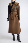 Sacai Mixed Media Trench Coat with Faux Fur Trim Hood