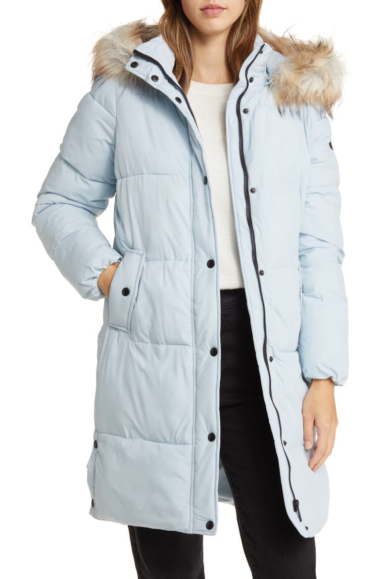Hooded Puffer Coat with Faux Fur Trim, Alternate, color, PORCELAIN BLUE