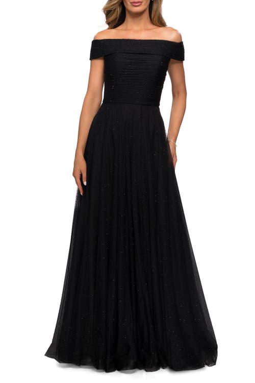 Shop La Femme Tulle Off The Shoulder A-line Dress With Rhinestones In Black