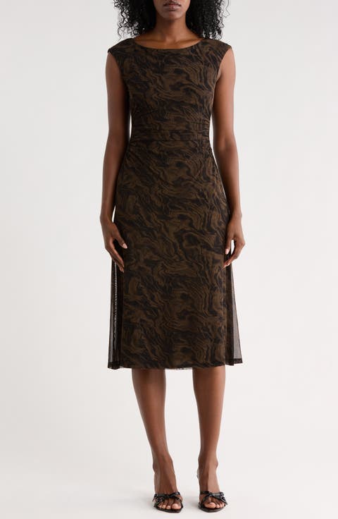 Marbleized Print Shirred Waist Mesh Midi Dress