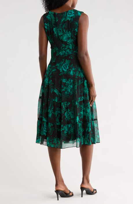 Marbleized Print Shirred Waist Mesh Midi Dress
