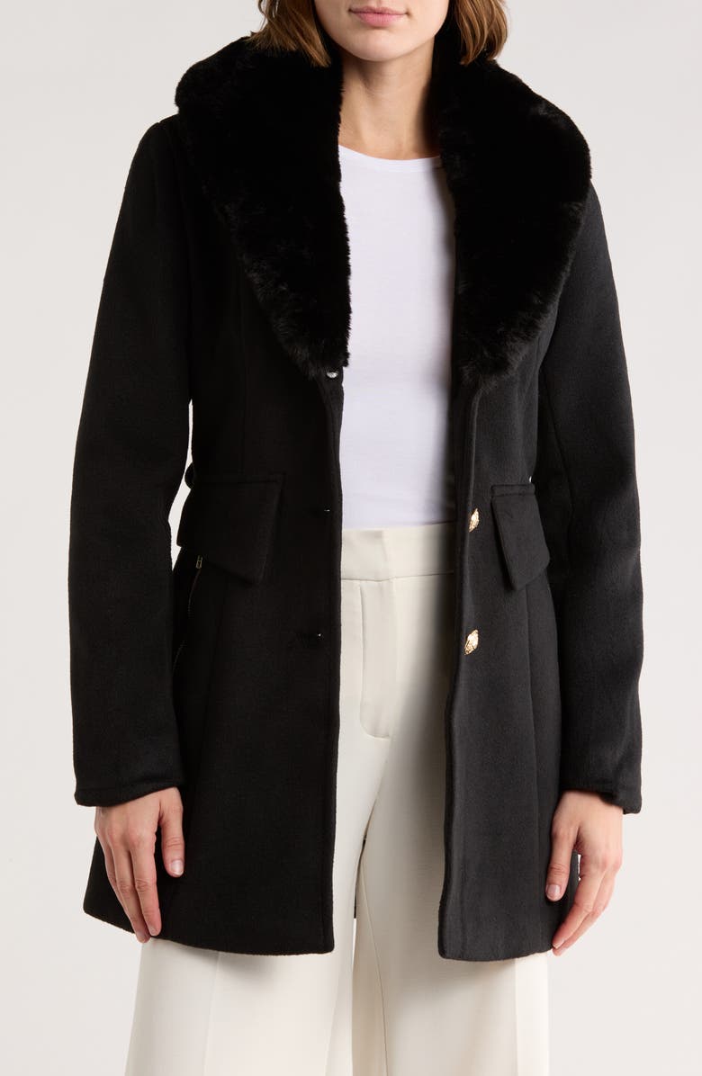 La Fiorentina Belted Faux Fur Collar Coat, Alternate, color, Black