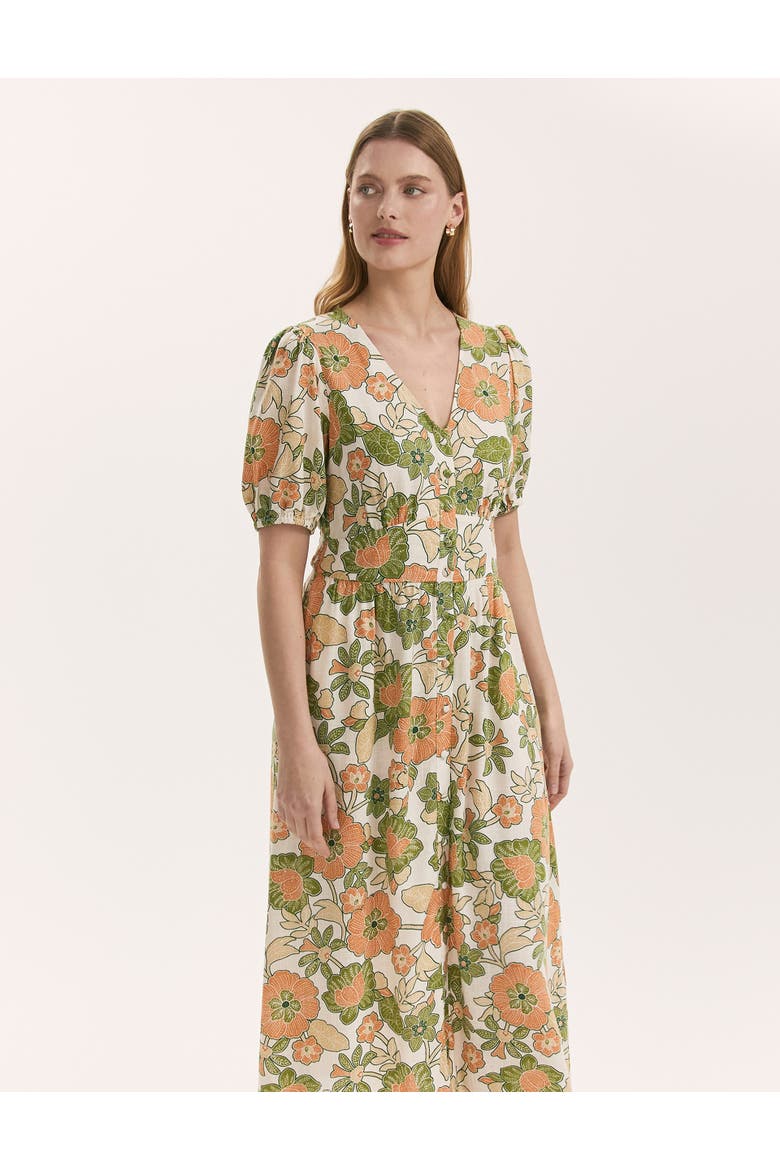 Addison Floral Linen Blend Midi Dress, Alternate, color, Olive Flower