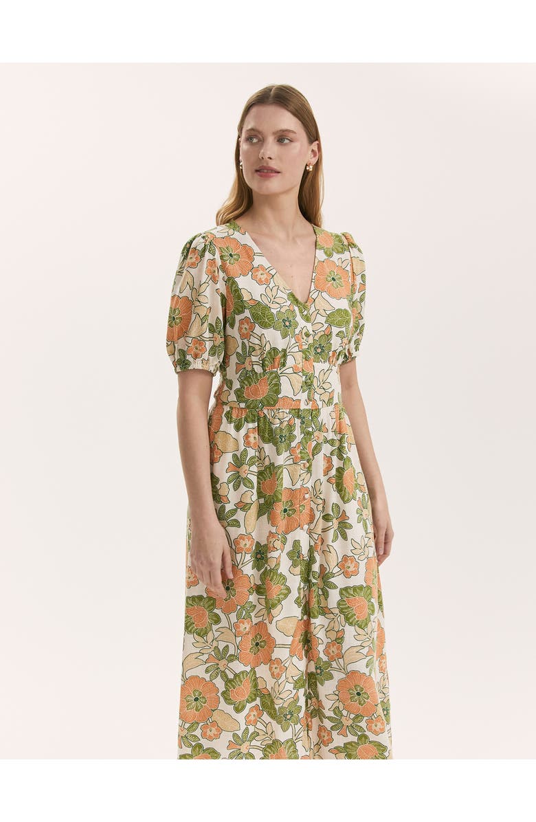 Finery London Addison Floral Linen Blend Midi Dress, Alternate, color, Olive Flower