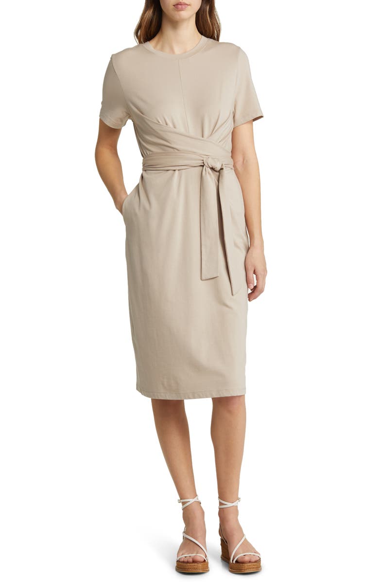 Nordstrom Signature Tie Front Short Sleeve Midi Dress, Main, color, Tan Cobblestone