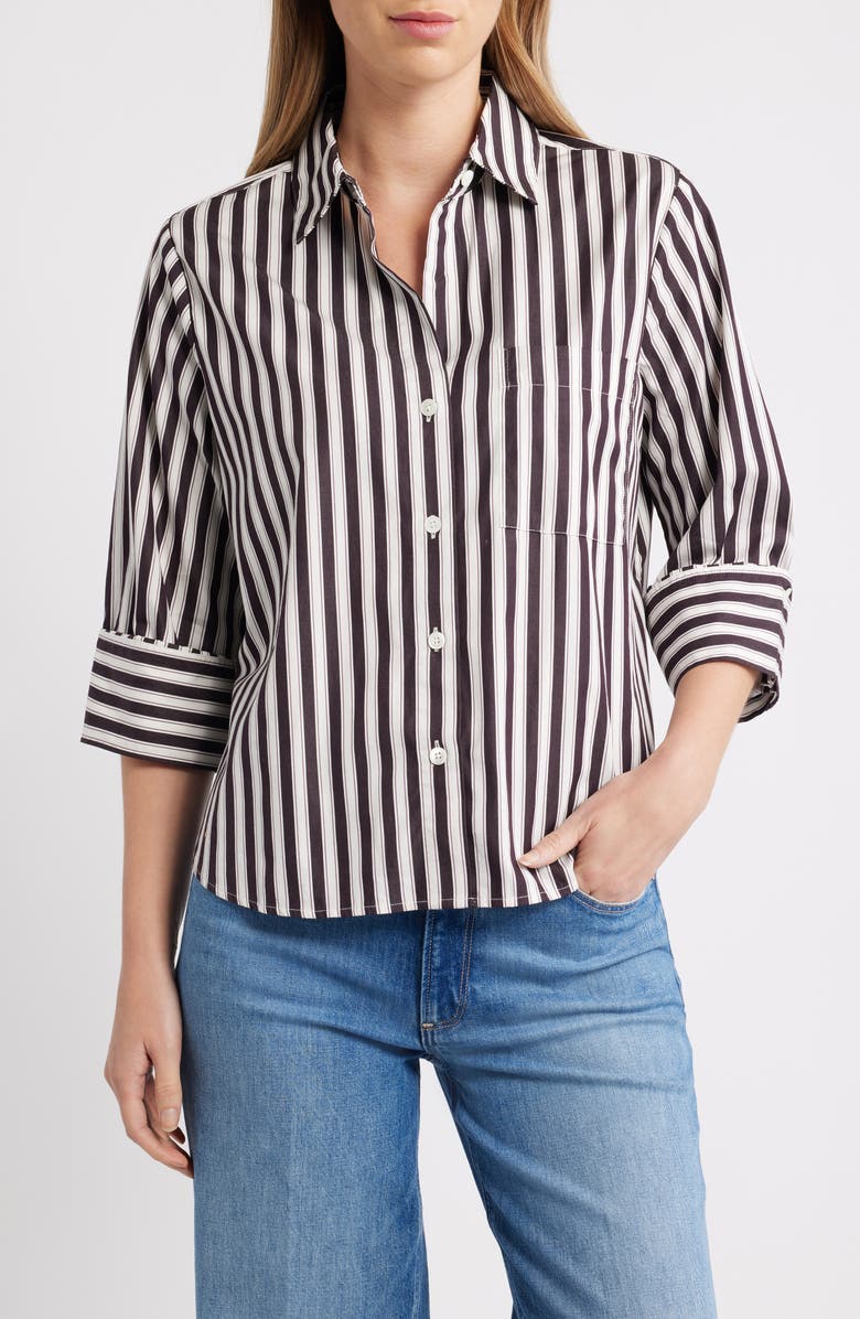 Madewell Easy Y-Neck Poplin Button-Up Shirt, Main, color, Purple Black And White Stripe