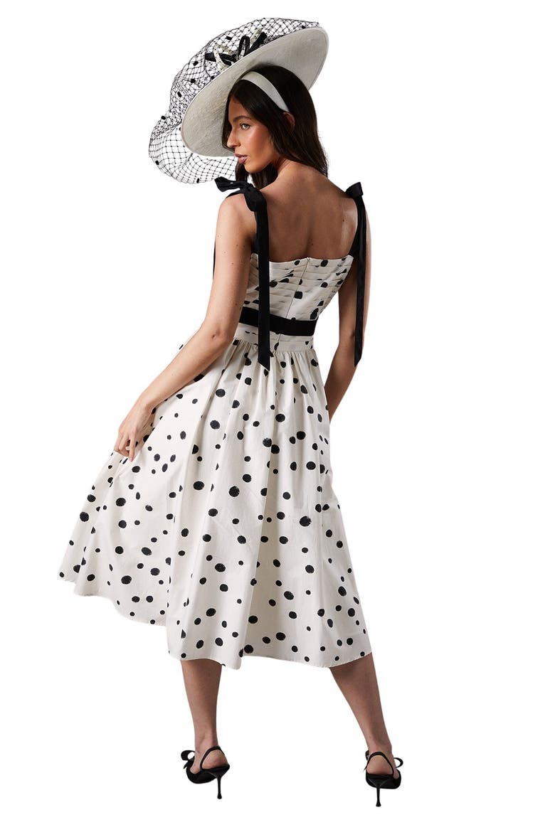 Lisa Tan Mono Spot Bow Detail Midi Dress, Alternate, color, Mono