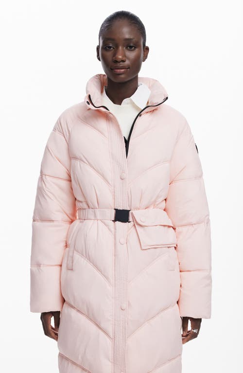 Desigual Hooded Quilted Puffer Longline Coat In Pink