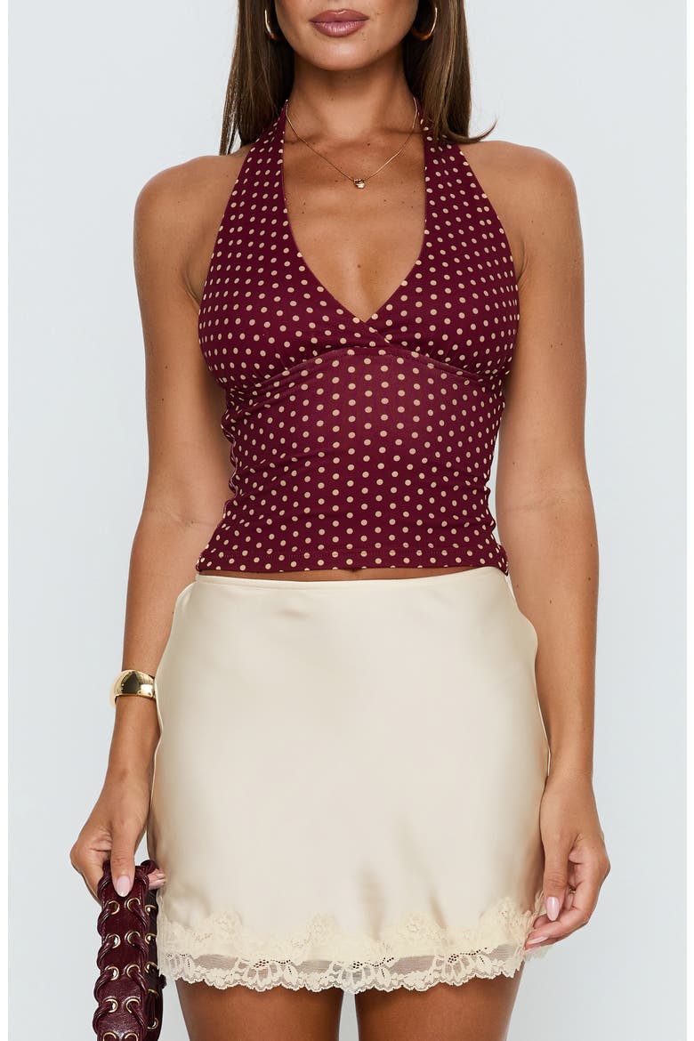 Whimsy Polka Dot Halter Top, Main, color, BURGUNDY / LEMON POLKA