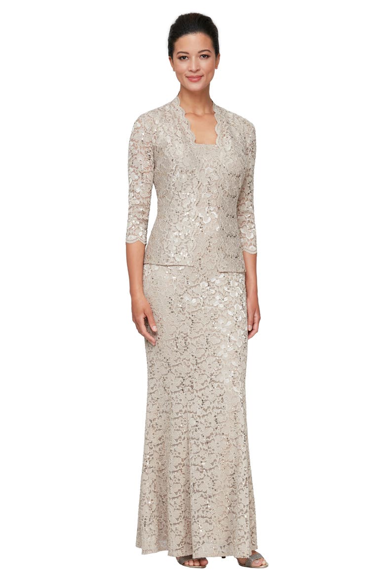 Sequin Lace A-Line Gown with Jacket, Alternate, color, CHAMPAGNE