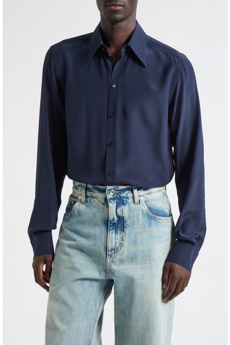Martini Fit Silk Crêpe de Chine Button-Up Shirt, Main, color, DARK BLUE