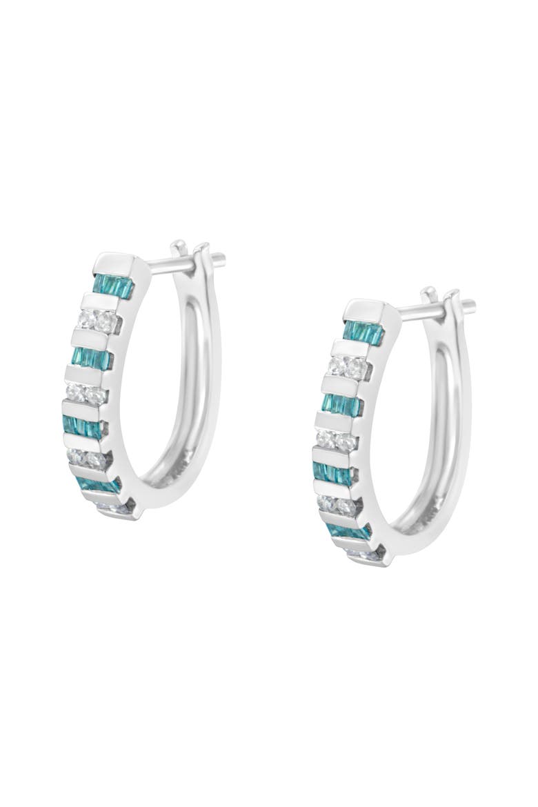 10k White Gold Round and Blue Baguette 1/2 Ct Diamond Hoop Earrings, Alternate, color, White