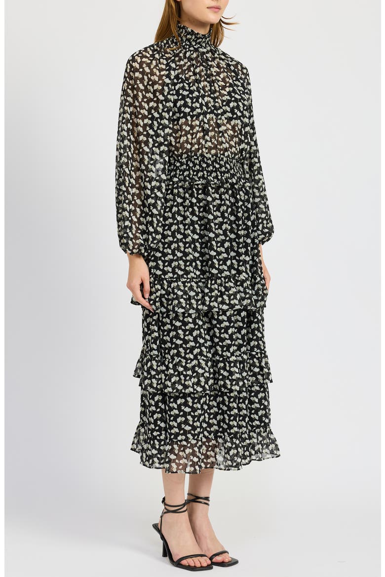 Genevieve Floral Long Sleeve Tiered Dress, Alternate, color, BLACK GOLD