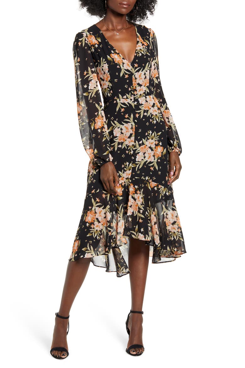 Button Front Midi Dress, Main, color, BLACK BLUSHING FLORAL