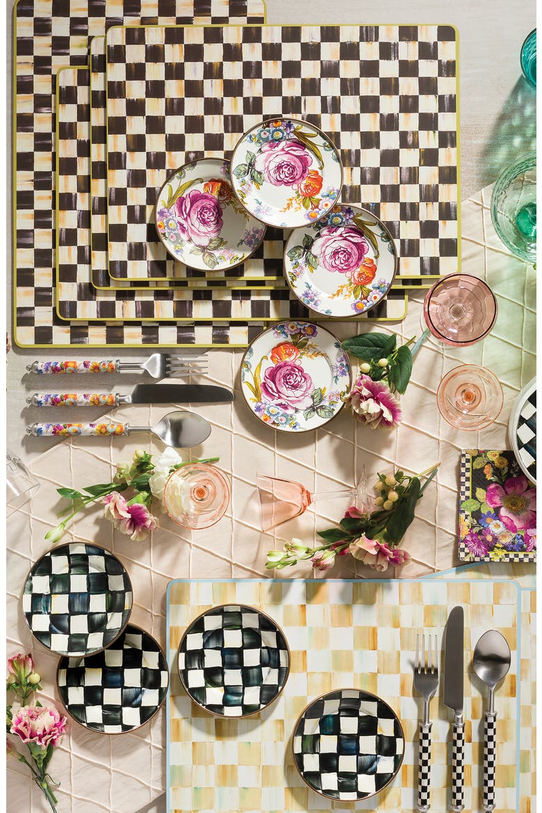 Courtly Check Set of 4 Enameled Steel Appetizer Plates, Alternate, color, BLACK/ WHITE