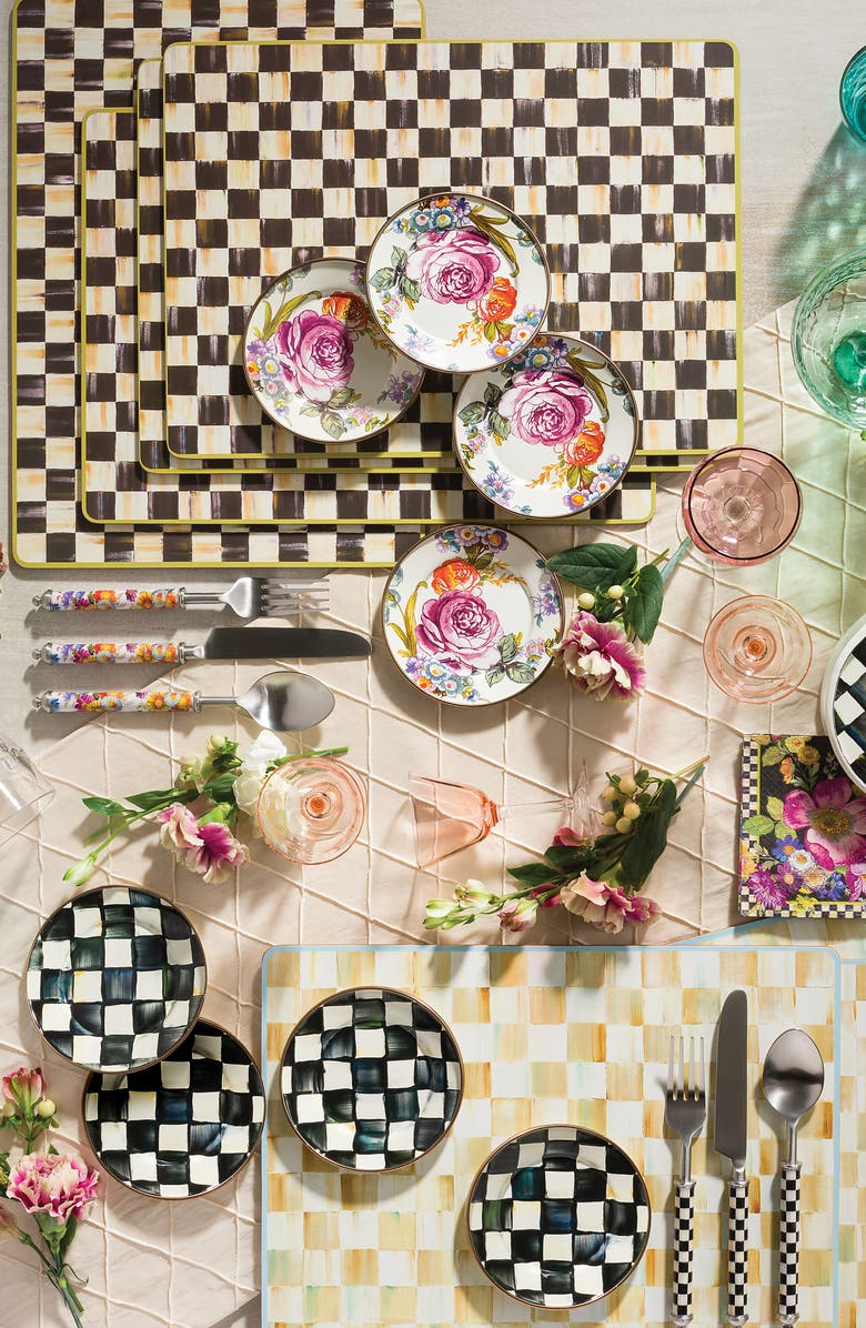 MACKENZIE CHILDS Courtly Check Set of 4 Enameled Steel Appetizer Plates, Alternate, color, Black/ White