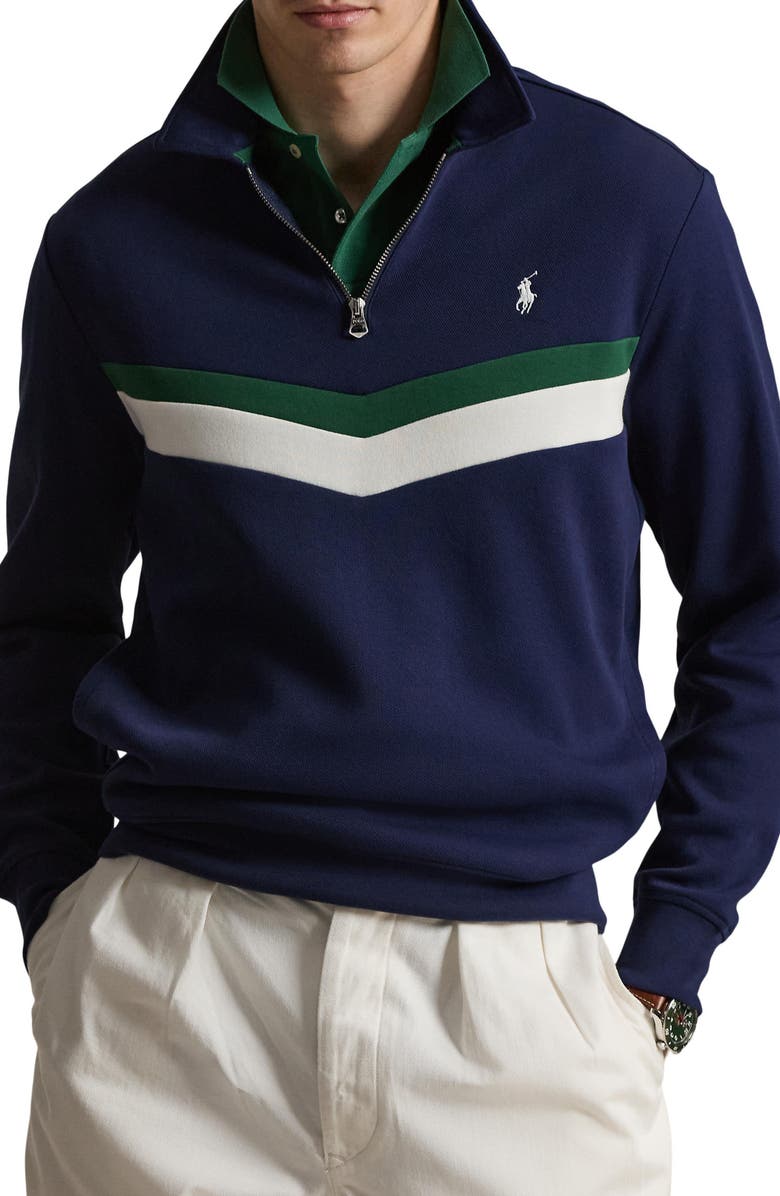 Polo Ralph Lauren Double Knit Chevron Quarter-Zip Pullover, Main, color, Newport Navy