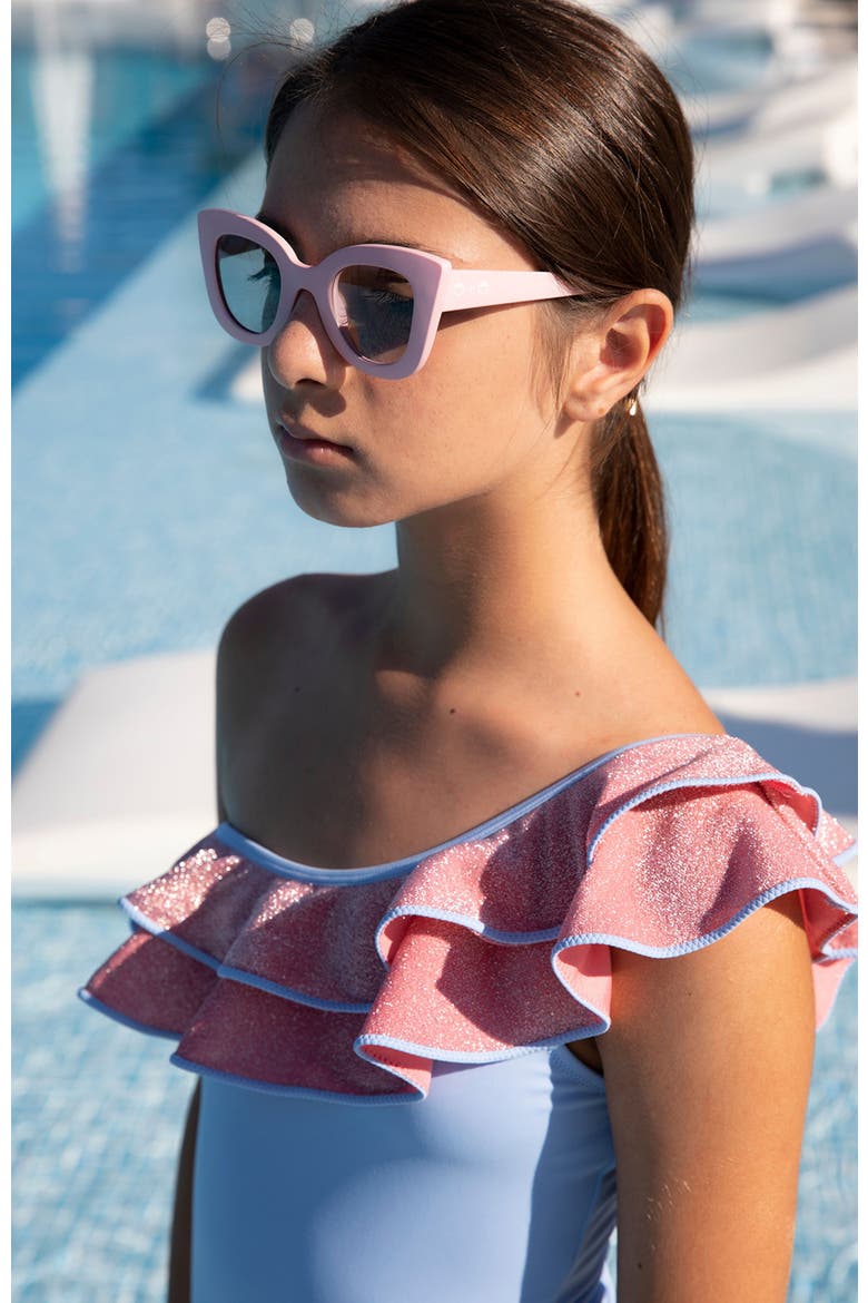 Kids' One Shoulder Glitter Ruffle One Piece Swimsuit, Alternate, color, Pink-Blue