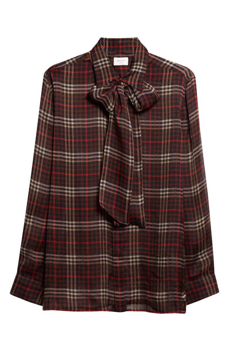 Saint Laurent Plaid Silk Crepe Tie Neck Button-Up Shirt, Alternate, color, Marron/ Craie/ Rouge