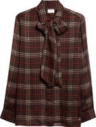 Saint Laurent Plaid Silk Crepe Tie Neck Button-Up Shirt