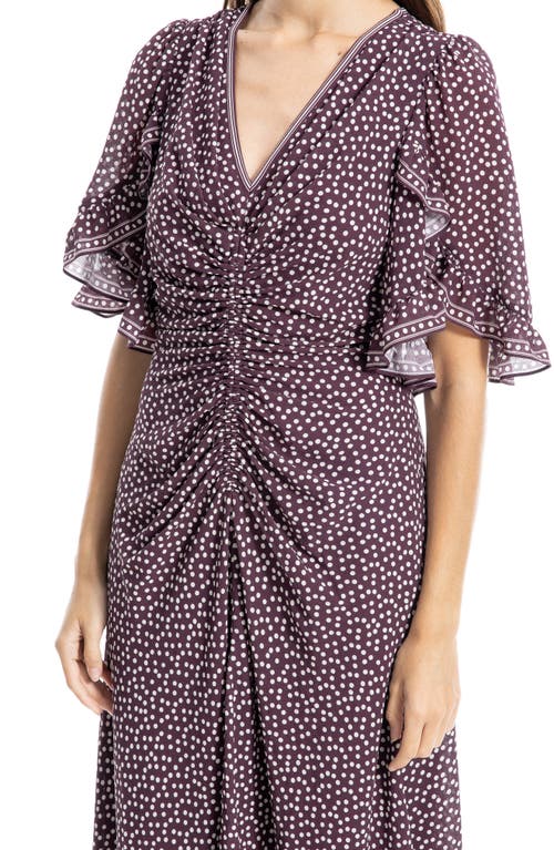 Max Studio Ruffle Sleeve Midi Dress In Wine/cream Stndrd Polka Dot