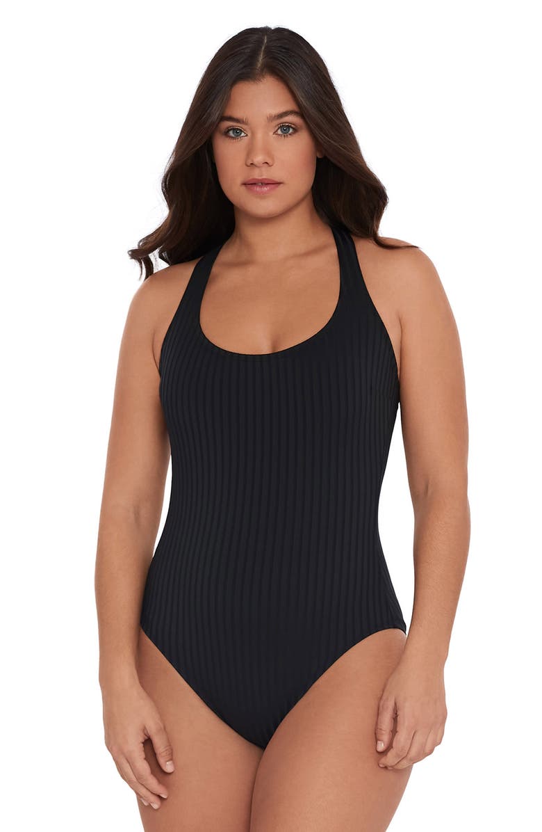S3 Ribbed Scoopneck Crossback One Piece Swimsuit, Main, color, Onyx Black
