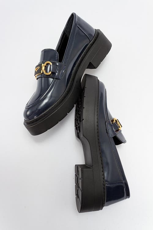 Forever & Always Shoes Simone Bit Platform Loafer In Dark Blue Patent Faux Leather