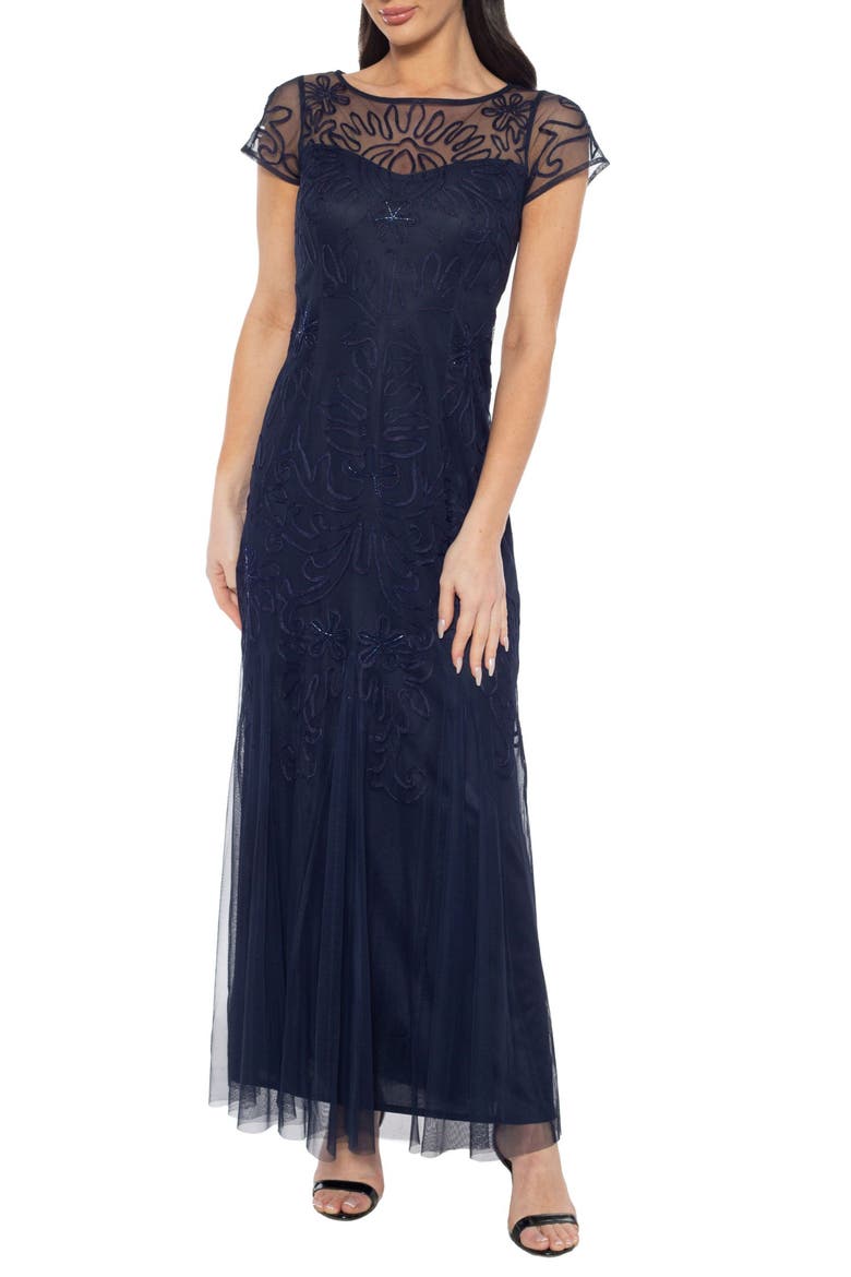 Soutaché Illusion Mesh Gown, Main, color, NAVY
