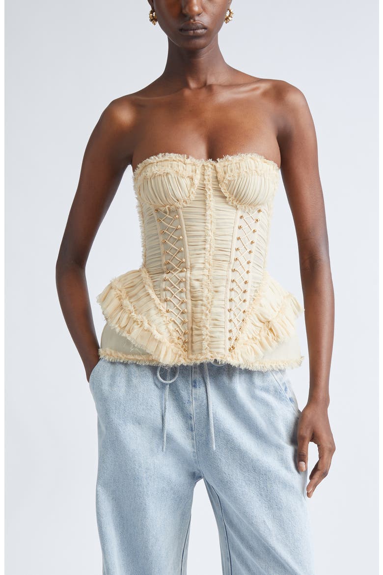 Rebellion Frayed Silk Corset Top, Main, color, CREAM