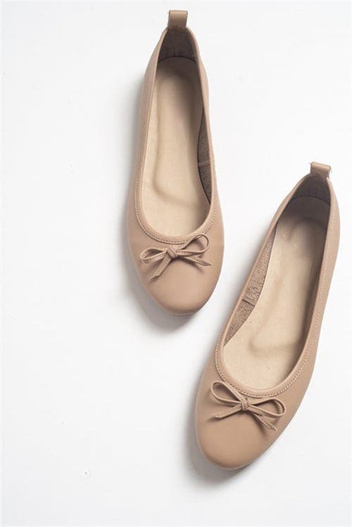 Forever & Always Shoes Florence Leather Ballerina Flats In Cream Beige Leather