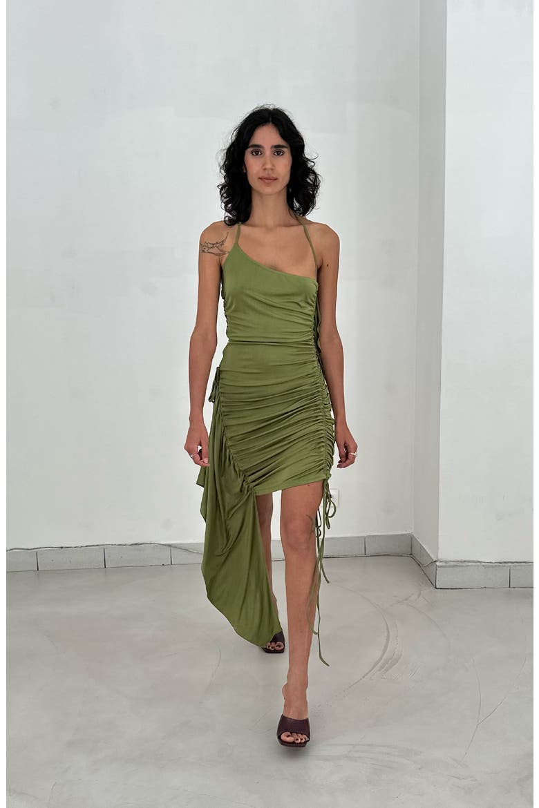 Mary Drawstring Halterneck Dress, Alternate, color, Olive