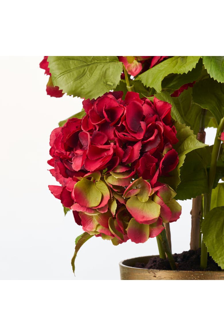 Potted Red Silk Hydrangea Stems Flowering Multi-Bloom Plant in Brushed Metallic Gold Pot, Alternate, color, Red