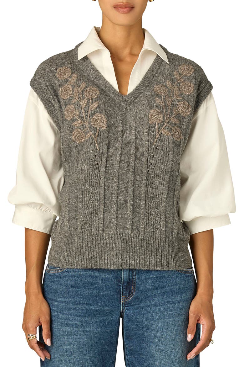 Floral Embroidered Two-Fer Sweater Vest, Main, color, OFF WHITE/ CHARCOAL MULTI