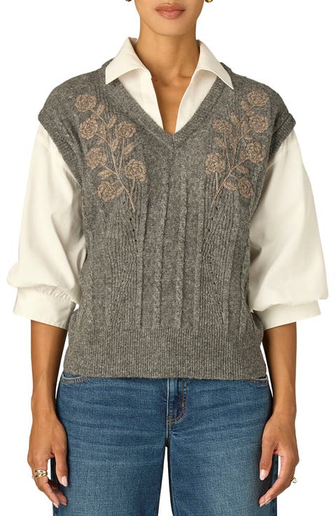 Floral Embroidered Two-Fer Sweater Vest