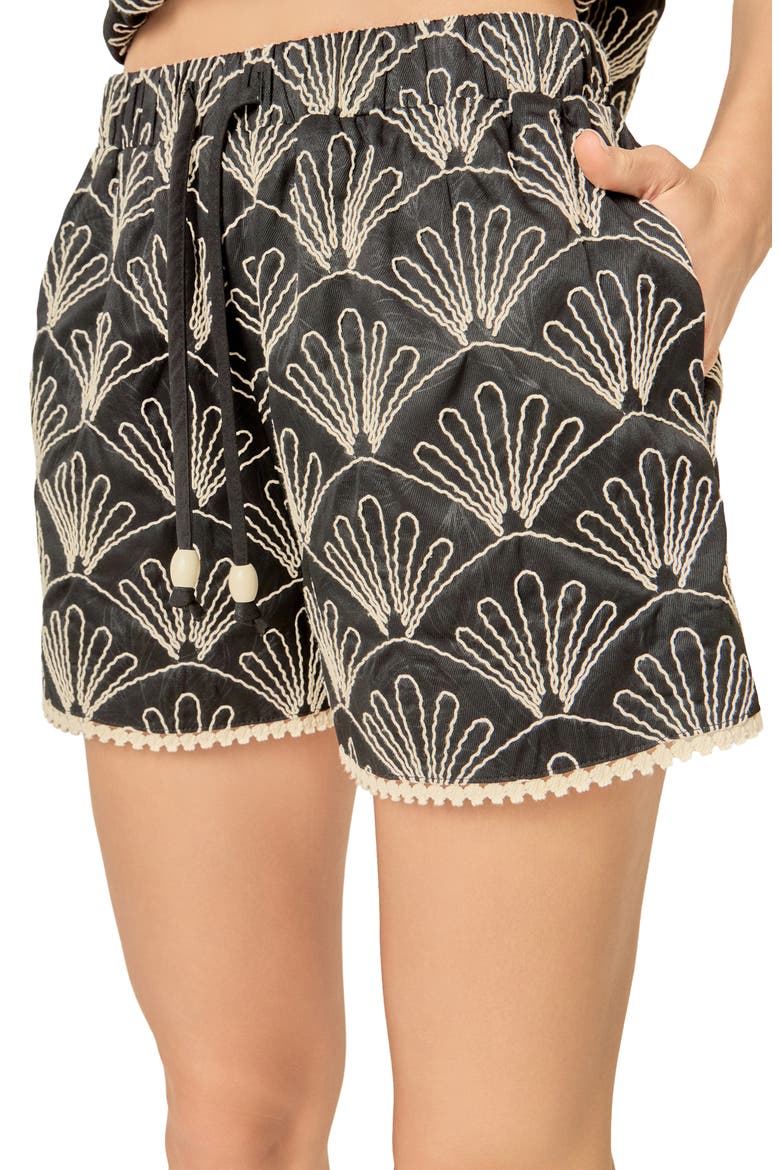 Embroidered Drawstring Waist Shorts, Alternate, color, BLACK/ WHITE