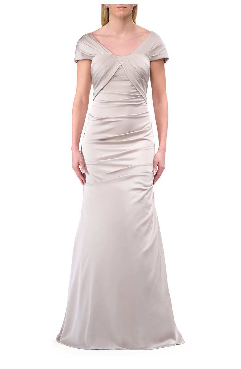 La Femme Lovely Ruched Mermaid Satin Gown with Unique Neckline, Main, color, Silver